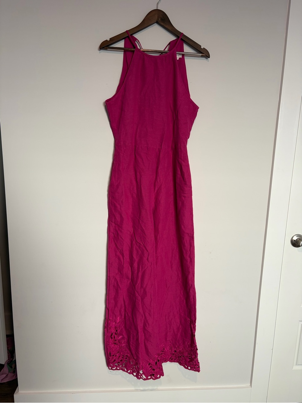 Anthropologie Cutwork Linen Jumpsuit 4 Raspberry Pink Embroidered Wide Leg